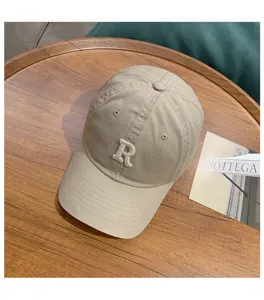 Washed cotton baseball cap with embroidered letter R, retro soft top casual sun hat.