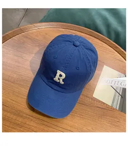 Washed cotton baseball cap with letter R embroidery, casual denim blue sun hat.