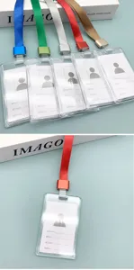 Clear plastic ID badge holder with colorful lanyard for office school employee cards.