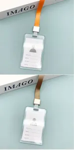 Clear ID card badge holder with lanyard, transparent PVC card case detail view for office school.