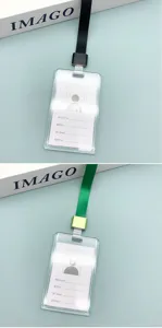 Transparent ID card badge holder with lanyard, vertical clear plastic badge protector cover.