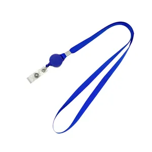 Solid blue retractable badge reel lanyard with ID card holder clip for office and school use.