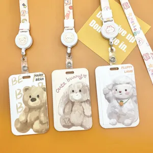 Lindo Portatarjetas de Identificación con Impresión de Animales de Dibujos Animados Con Cordón Retráctil Carrete Funda Protectora de Plástico Deslizable para Tarjeta de Autobús Campus Acceso Oficina Escuela Estudiantes Personal Llavero Anti-Perdida