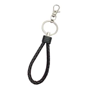Black braided leather keychain with silver metal clasp, durable car key ring and bag pendant.