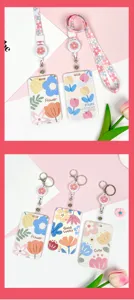 Cute floral print slide ID card holder with lanyard retractable reel for students office staff.