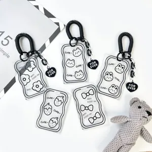 Transparent PS Card Sleeve Sliding Cover Embossed ID Protector With Lanyard Planet Keychain For Student Office Card Holder