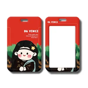 Red cartoon Mona Lisa student ID badge card holder with slide cover and clear window display.