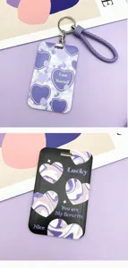 Cute purple heart badge holder with lanyard, stylish student ID transit card protective sleeve.