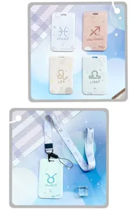 Zodiac sign printed slide card holder with matching lanyard for students and daily commute use.