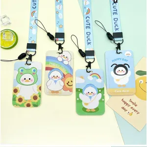 Cute Cartoon White Goose Card Holder With Lanyard Sliding Cover Student ID Meal Bus Card Protective Case For Girls Boys