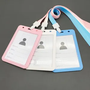 Plastic ID badge holder with lanyard, vertical staff name card sleeve for office school.