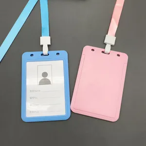Plastic ID card holder with lanyard, double color blue and pink badge holder set.