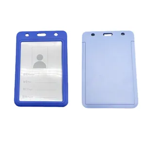 Durable plastic ID card holder with clear window and lanyard slot for office school use.