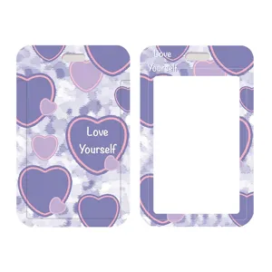 Purple heart ID card holder badge holder cute Korean style bus card protective sleeve
