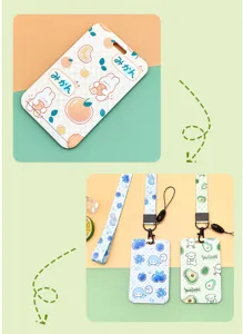 Plastic sliding fruit ID card holder with lanyard, cute cartoon student bus pass cover.