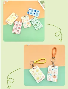 Plastic slide fruit card holder badge sleeve with cute cartoon animal design for students.
