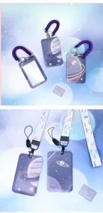 Purple starry sky ID card holder with transparent sliding cover and lanyard set for daily use.