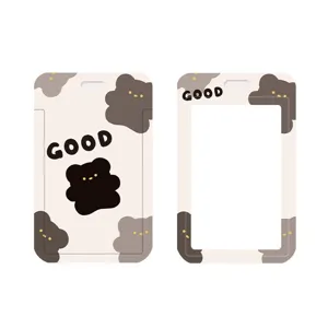 Cute bear plastic card holder student ID badge protector with sliding design and lanyard hole.