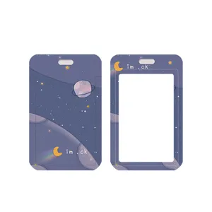 Purple starry sky aesthetic ID card holder with embossed sliding cover and clear window.