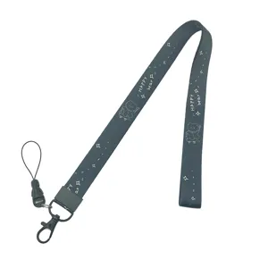 Dark grey cartoon bear lanyard with metal lobster clasp and phone strap for ID cards.