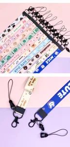 Cute cartoon long lanyard keychain phone charm, durable woven strap with cute animal prints.