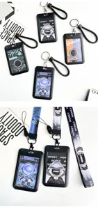 Portatarjetas negro con tarjetas de astronauta y cordón para estudiantes y oficina.