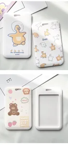 Detailed view of cute cartoon card holder with duck and bear designs for student ID cards.