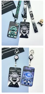 Cartoon astronaut card holder with lanyard and retractable reel for student bus access card ID.