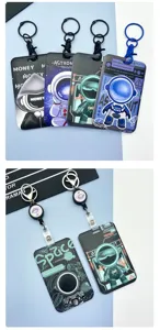 Cartoon astronaut ID badge card holder with retractable keychain for students and bus cards.