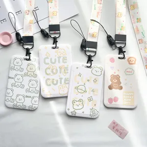 Cute Cartoon Bear Duck Plastic Card Sleeve Hard Protective Cover ID Bus Meal Pass Holder Badge Case With Lanyard Wristlet Chain For Students Commuters Everyday Access Control