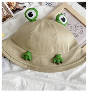 Cute 3D frog bucket hat detail, summer sun protection casual cotton fisherman hat.