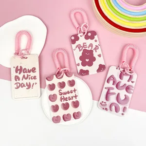 Cute Pink Cartoon Card Holder ABS Anti-lost Student Badge Case With Lanyard For Girl Heart Bear Pattern Push Pull Card Cover