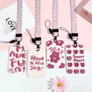 Pink cute student cartoon card holder, durable ABS retractable badge case for ID cards.