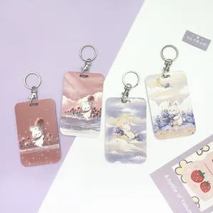 Cute cartoon rabbit ID card holder student badge protector with keychain for school access.