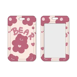 Pink cute cartoon bear ID badge card holder protective case for students and game cards