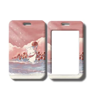 Cute pink cartoon rabbit and rose card holder, vertical ID badge cover for students and office.