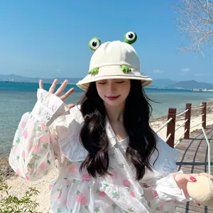 Cute Frog Bucket Hat For Women Summer Cotton Sun Protection Casual Outdoor Travel Versatile Fisherman Cap
