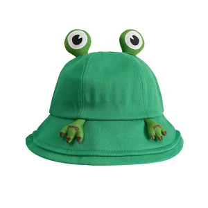 Cute frog bucket hat for women summer sun protection wide brim casual green cotton hat