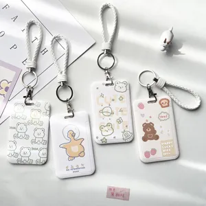 Cute cartoon card holder with braided lanyard for student ID, bus card, and IC card protection.