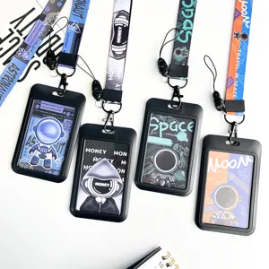 Portatarjetas de ID de Plástico Negro Con Cordón de Astronauta de Dibujos Animados Cubierta Deslizante Funda Protectora para Estudiantes Oficina