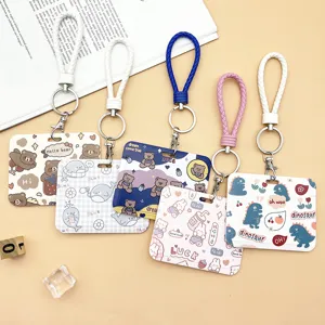 Cute cartoon student card holder with braided lanyard bus ID badge protective case