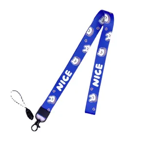 Blue cartoon bear print lanyard with metal hook for keys and phones durable neck strap