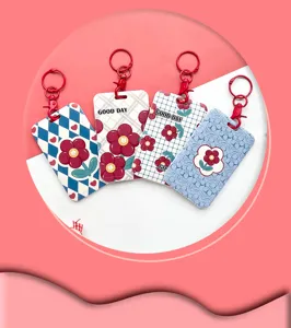 Embossed student ID card holder with cute floral and plaid design, durable bus IC card protective cover.