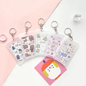 Cute transparent cartoon card holder with keychain student ID bus card protective cover