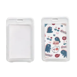 Transparent card sleeve with cute dinosaur cartoon pattern, waterproof flip ID badge holder.