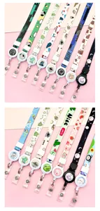 Detailed view of cute cartoon retractable badge reel lanyards with various prints for students.