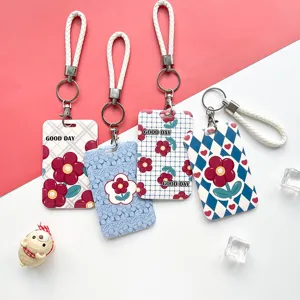 Embossed Cartoon Floral Card Holder Slide Vertical Plastic ID Badge Cover With Lanyard For Student Access Bus Card Protector