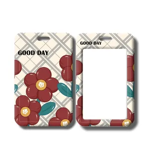 Durable student card holder badge protector with cute red flower plaid design for daily use.