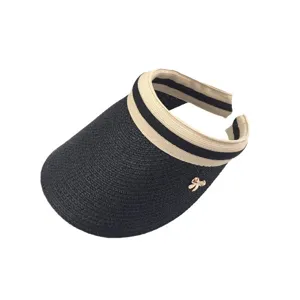Straw sun visor hat for women summer beach anti-uv empty top hat elegant bow ribbon