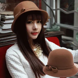 Women Vintage Bow Round Top Bowler Hat Elegant British Style Felt Fedora Hat Winter Spring Autumn Basin Fisherman Hat